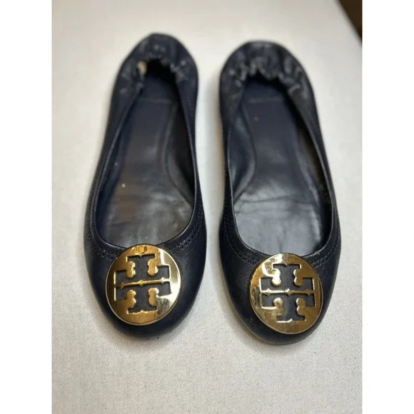 TORY BURCH Women's 7.5M Navy Blue Leather‎ Gold Logo Ballet  Loafers Shoes