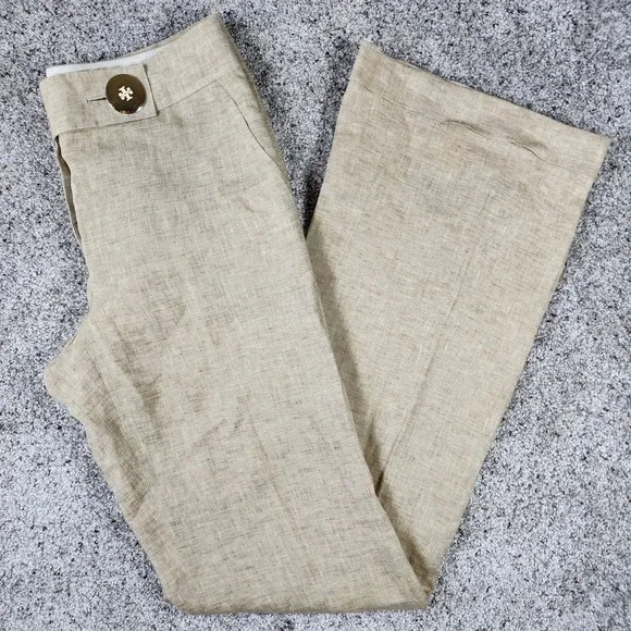Tory Burch Linen Trousers Womens Size 6 Wide Leg Gold Button Tan Good