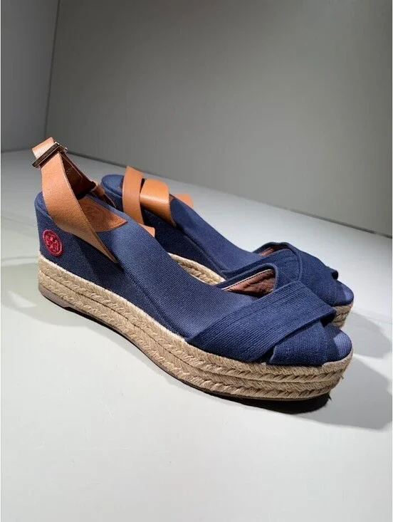 Tory Burch Navy Canvas Espadrille Wedge Sandals