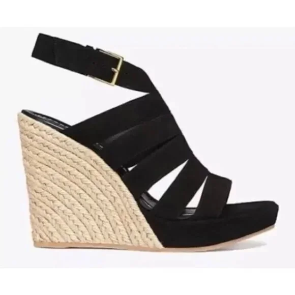 TORY BURCH Bailey Multi Strap Wedge Suede Espadrille Black Size 10.5