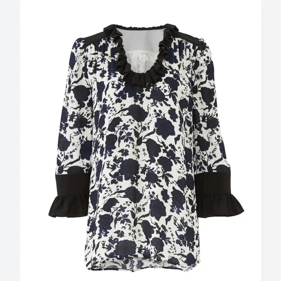 Tory Burch Floral Viscose and Silk Inky Blooms navy white Ruffle Blouse‎ M