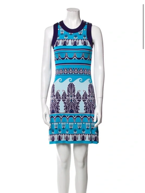 Tory Burch Sleeveless Blue Patterned Sheath Dress