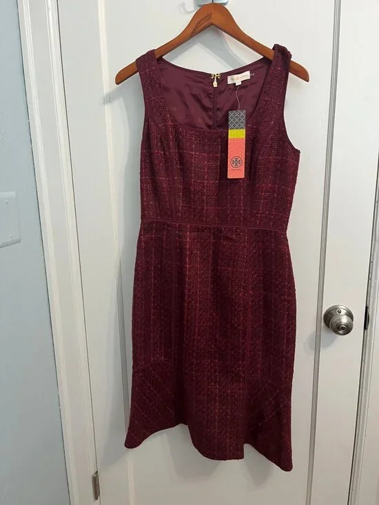 Tory Burch Drew Dress Dark Plum Tweed Sheath Sz 4 NWT $375 Retail