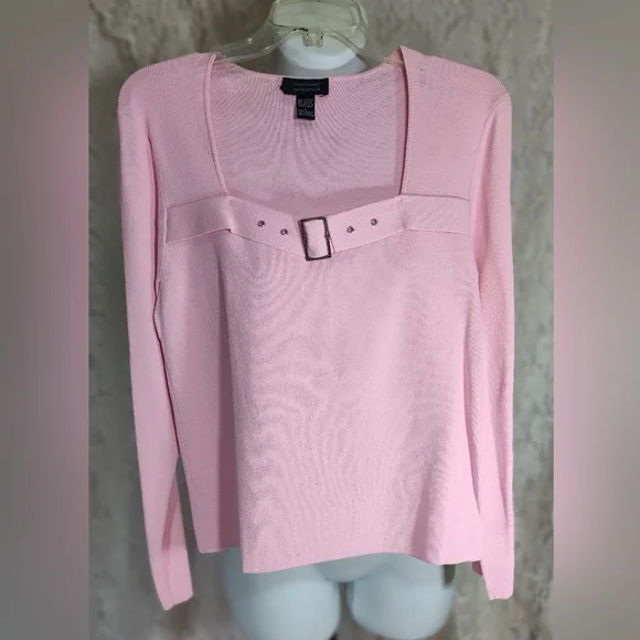 Pink Knit Top Sweater Silver Buckle Accent