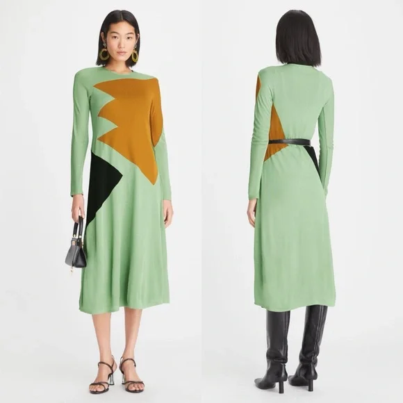 Tory Burch Colorblock Honeycomb Jersey Dress Size 0 Runway Geometric Green