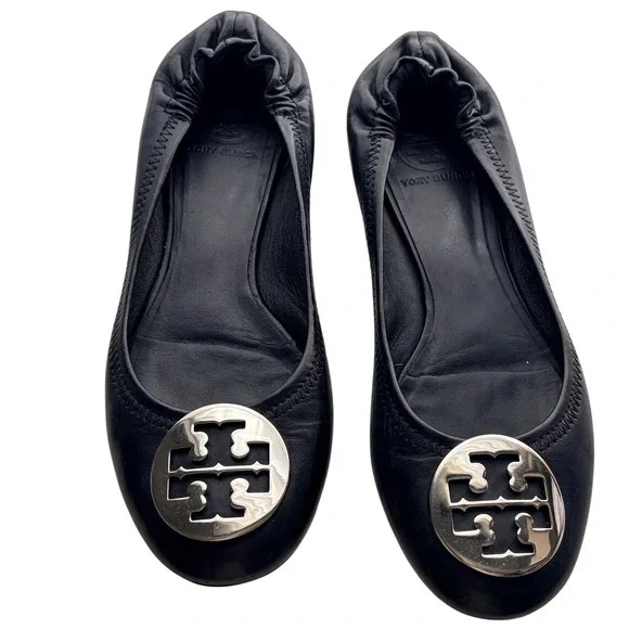 Tory Burch Reva Ballet Flats Black Leather Gold Logo Round Toe Women's 7‎