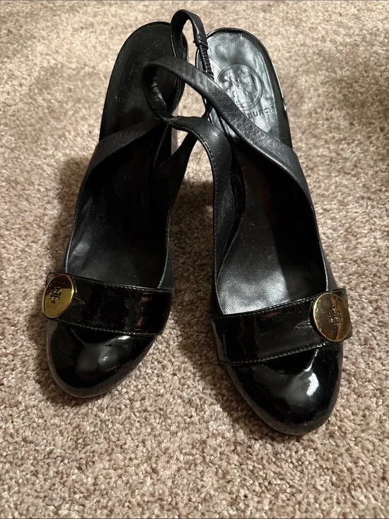 Tory Burch Black Patent Slingback Heels with Gold Logo