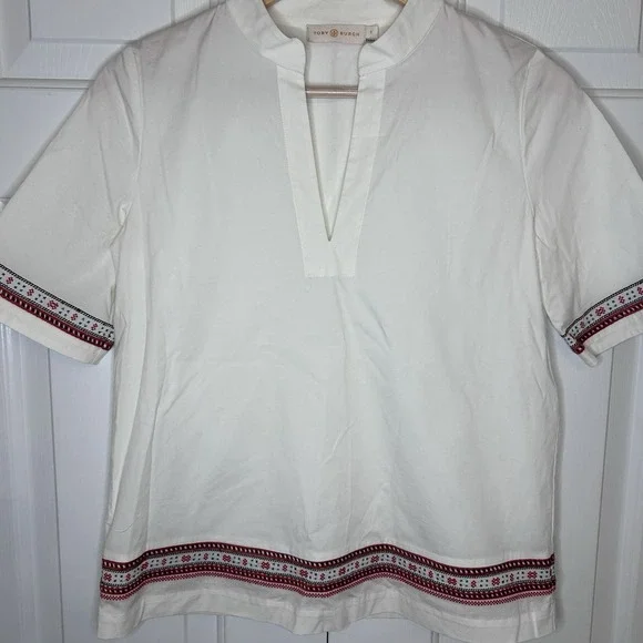 Tory Burch white poplin/red embroidery popover blouse, Size 0