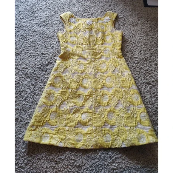 Tory Burch Mariana Dress Yellow Floral Jacquard Fit Flare Size 6 EUC