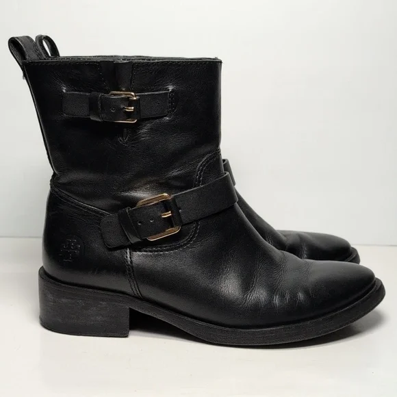 Tory Burch Bennie Black Combat Moto Boots with Buckle Straps womans size 7.5