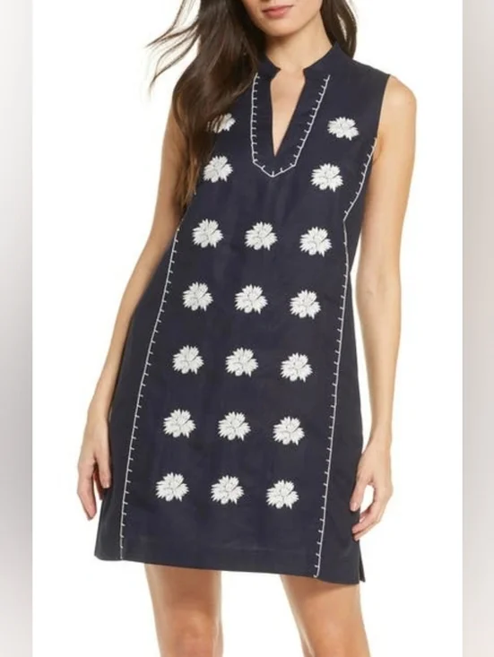 Tory Burch Embroidered Navy Sleeveless Pocket Beach Dress Sz Small