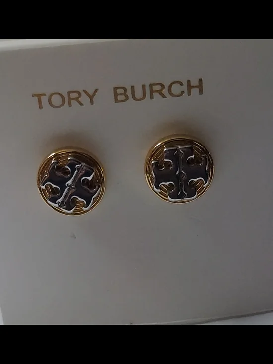 Tory Burch Gold and Silver Logo Round Stud Earrings