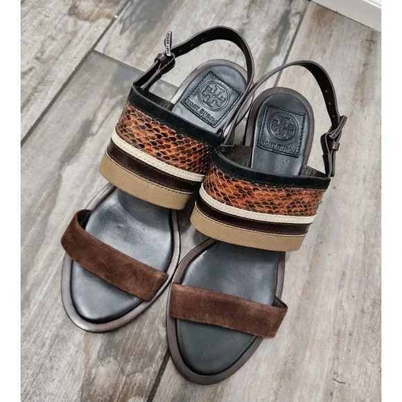 Tory Burch Brown Platform Sandals Snake Embossed Leather Slingback Block 