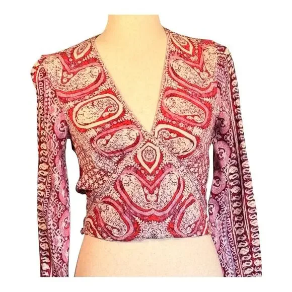 Free People Boho Cropped V-Neck Blouse Pink Print Boho Chic Printed Floral XS