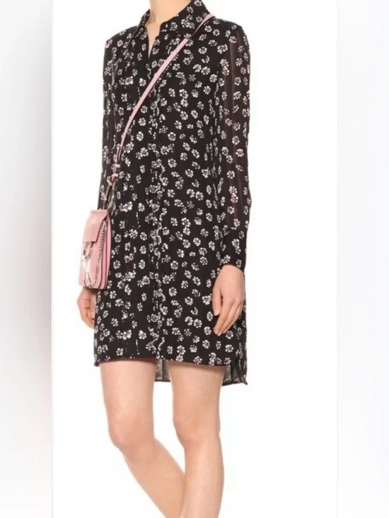 TORY‎ BURCH Avery Silk Floral Mini Shirt Dress Black Pink Size 4 Preppy Resort