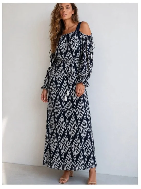 Tory Burch • Katherine {M} Cold-Shoulder Navy Geometric Maxi Silk Trim Tassel