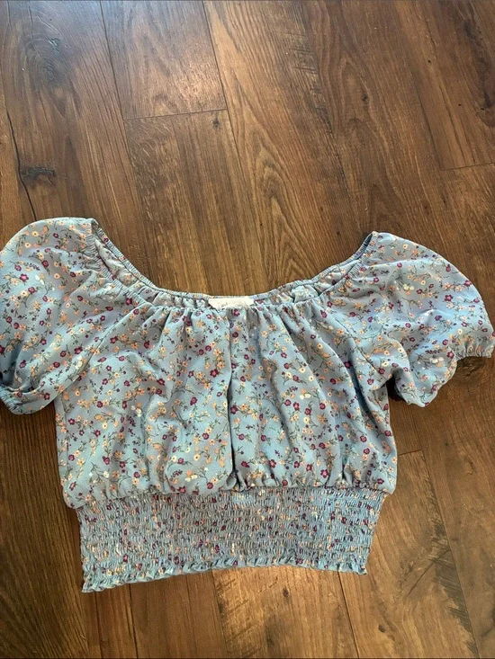 Pink Rose Light Blue Floral Off-Shoulder Smocked Crop Top