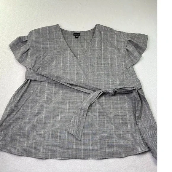 Worthington Women's Career Wear Top‎ Sz XXL Herringbone Plaid Ruffled Sleeve