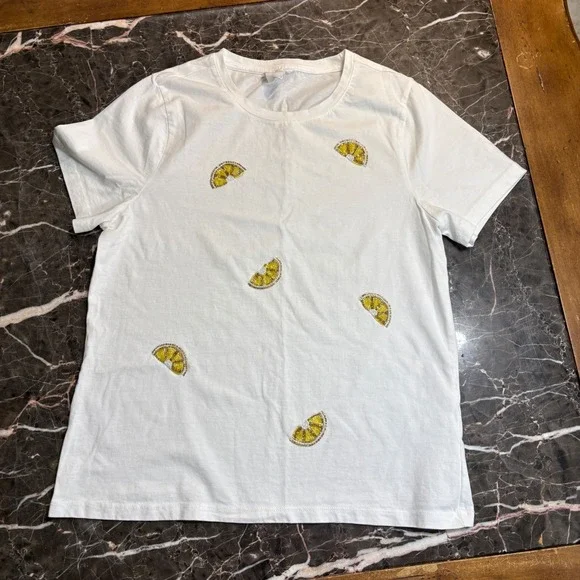 Cynthia Rowley Women's L White Beaded Lemon Slice T‑Shirt Short Sleeve‎ Summer