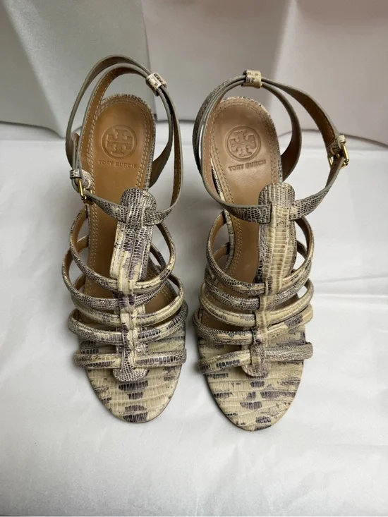 Tory Burch Neutral Snake-Print Strappy Heels