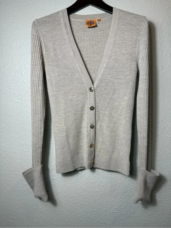 Tory Burch 100% Merino Wool Ribbed V-Neck Logo Button Cardigan Sweater Size M