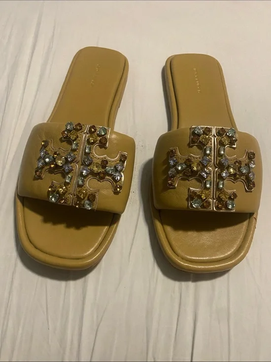 Tory Burch Crystal T Tan Slide Sandals - Womens
