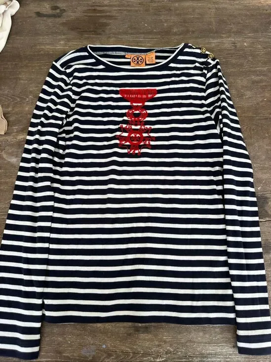 Tory Burch Striped Long Sleeve Tee Navy White Crest Shoulder Button Top L