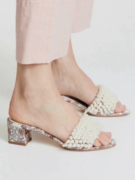 Tory Burch Tatiana Slide Sandals Pearl Accent Hicks Garden Floral Print Size 9M