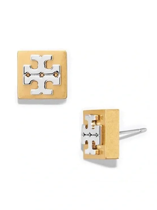 Tory Burch Two-Tone Square Block T Logo Stud Earrings