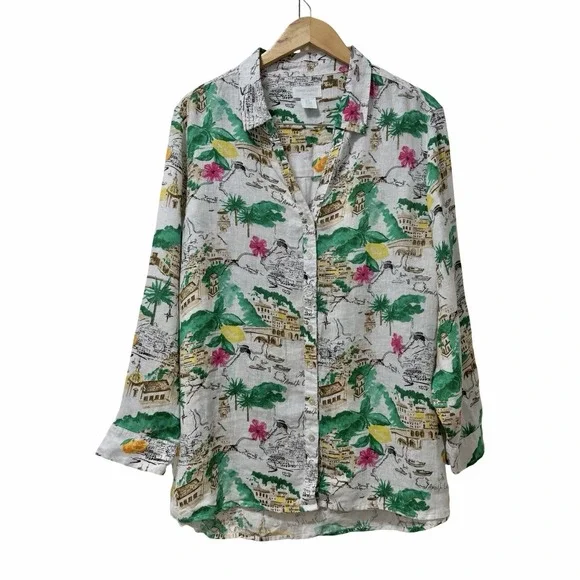 Cynthia Rowley Womens Linen Button Up Shirt Size 2X Green Italia Coast Travel