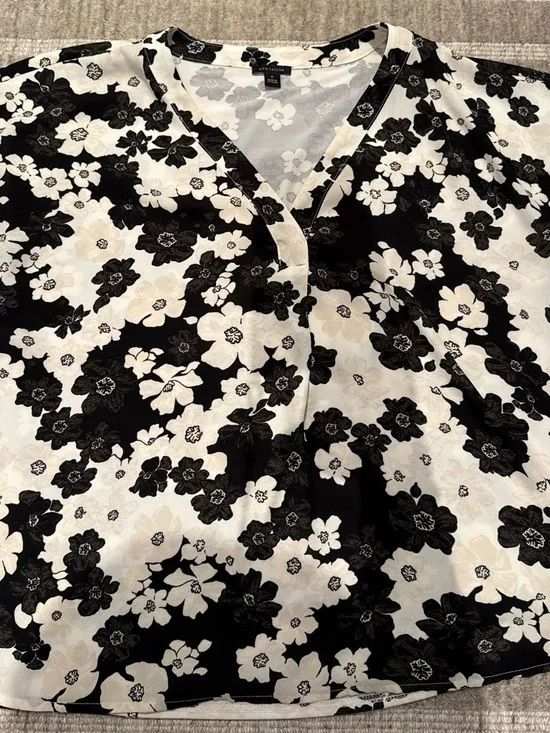 Ann Taylor Black and Cream Floral Wrap Blouse