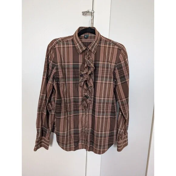 Lauren Ralph Lauren Plaid Ruffles Cotton Button Down Shirt Brown L