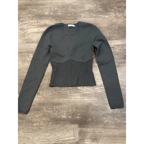 Babaton Aritzia Charcoal Grey Corset Ribbed Knit Long Sleeve Top Small