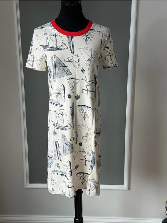 Tory Burch Nautical Print Short-Sleeve Shift Dress - Red Trim