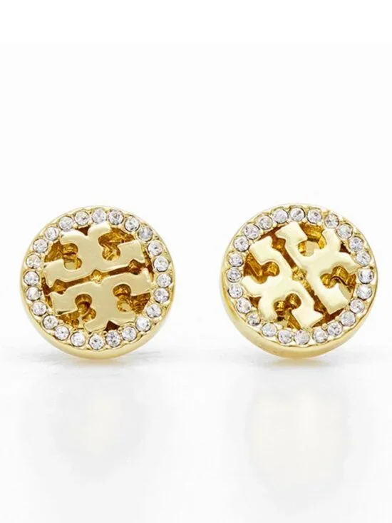 Tory Burch Miller Crystal Logo Stud Earrings Gold Tone Pavé Double T Earrings