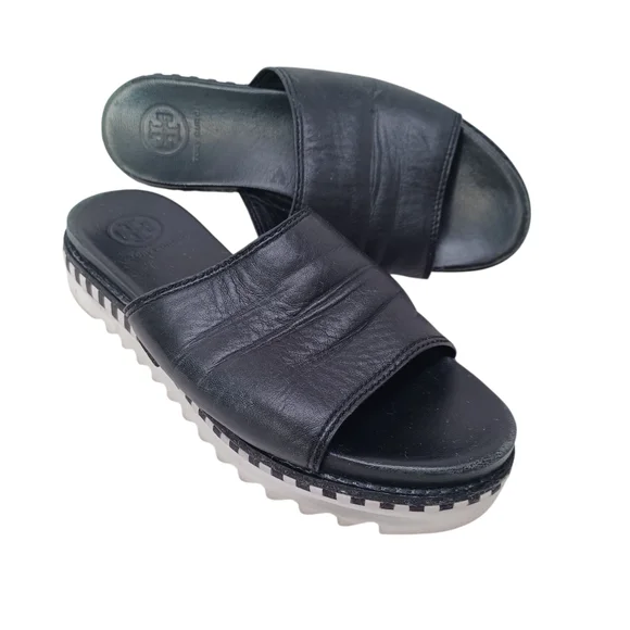 Tory Burch Slides Black Leather Open‎ Toe Sandals Womens 5.5