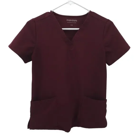 Mandala 6 pocket Scrub Top XXS Wine Burgundy V Neck Nursing Healthcare Medical