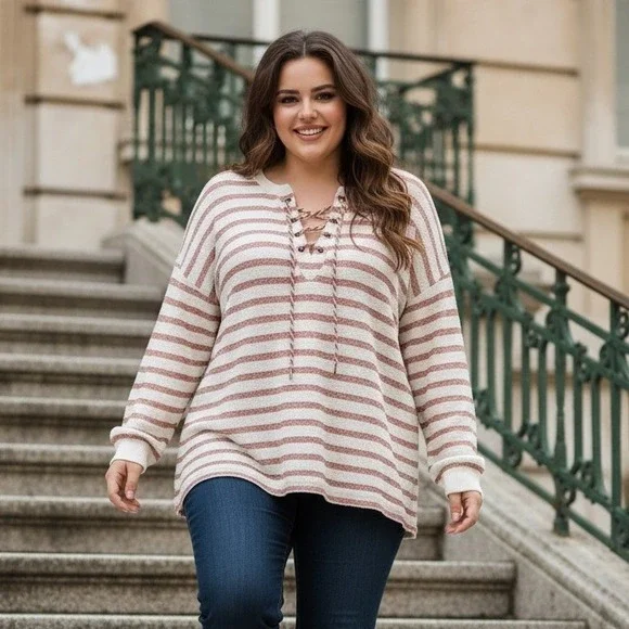 Maurices 3X Lace Up Neck Hanley Pullover Cream Mauve Stripe‎ Spring Fisherman