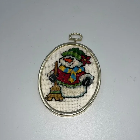 Oval Framed Cross Stitch Snowman with Broom Christmas‎ Ornament Pendant