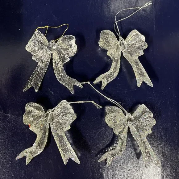 Lot of 4 Vintage Glittered Bow‎ Christmas Ornaments Acrylic 3