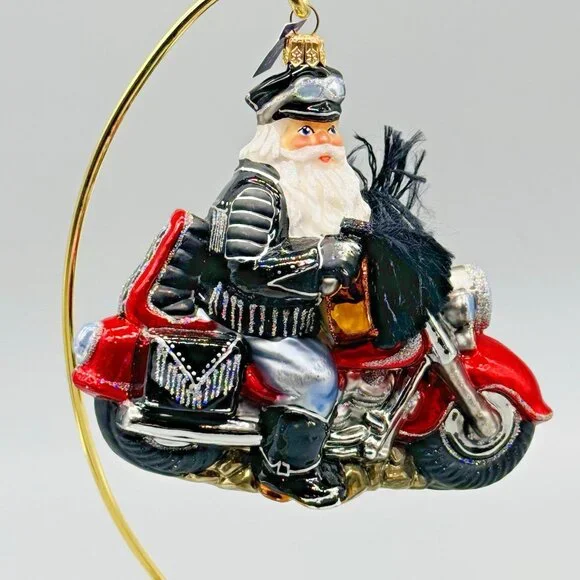 Motorcycle Rider Biker Santa Tassels Polish Glass Christmas Tree‎ Ornament 5.5