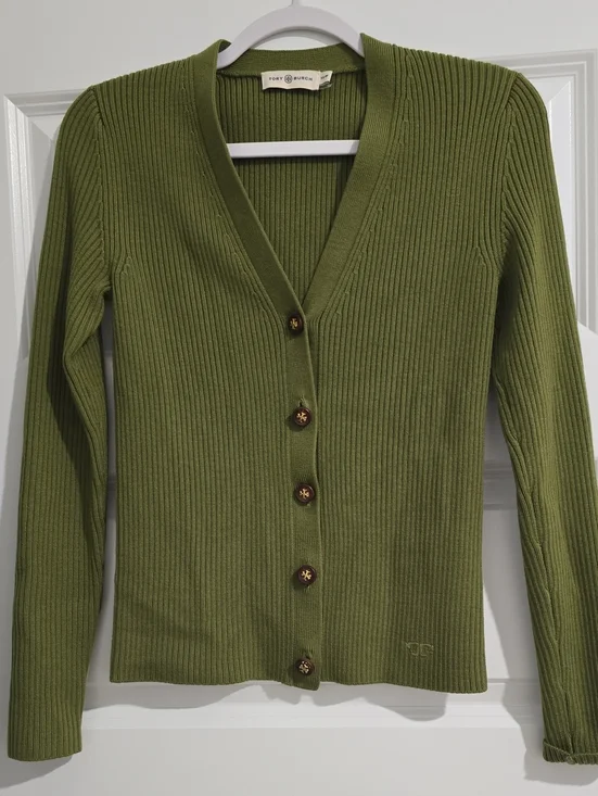 Tory Burch Olive Ribbed V‑Neck Button Front Cardigan