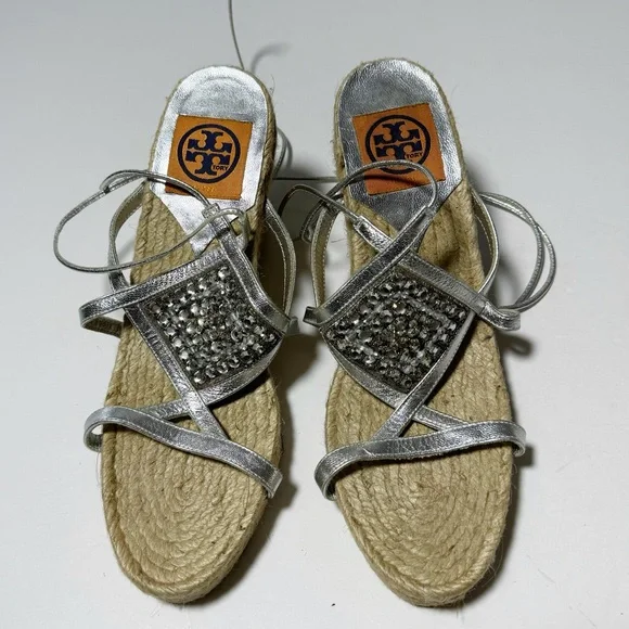 Tory Burch Silver Wedge Espadrilles