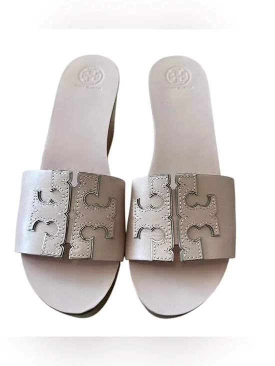 Tory Burch Ines‎ 80mm Wedge Slides Pink Silver Logo Sandals 9.5