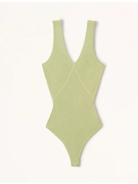 Abercrombie & Fitch Ribbed V-Neck One-Piece Bodysuit in Light Green