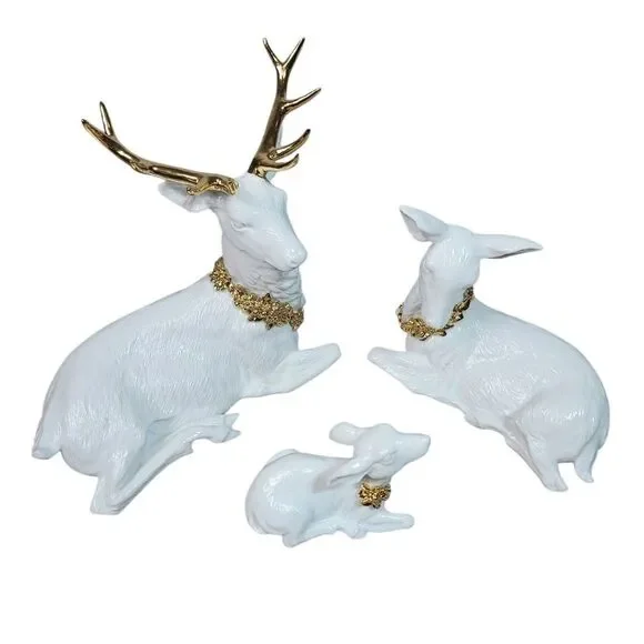 Tree Piece Porcelain Deer Family White Hand Paint With Gold Accents By Galleria