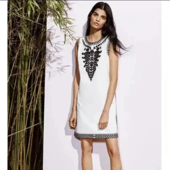 Tory Burch Camille Contrast-Embroidered Shift Dress In White