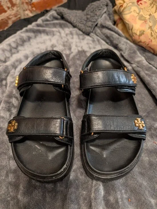 Tory Burch Kira Sport Sandals Black Leather Gold Logo Size 9M