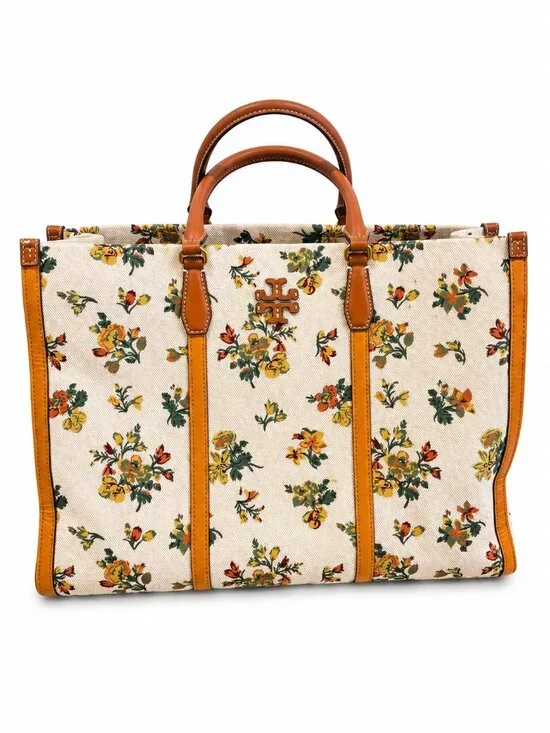 Tory Burch Blake Canvas Jumbo Daisy Floral Cream Tan Shoulder Bag Tote Bag