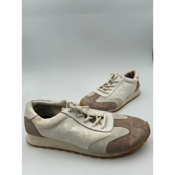 Tory Burch Bubble Sneakers Cream Brown Leather Textile Logo Low Top 8M 8913